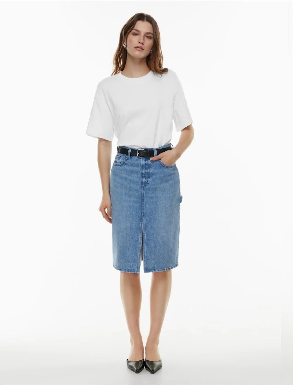 Aritzia Denim Forum The 90’s Pencil Midi Denim Skirt in Blue Sz 28 utility - Picture 1 of 15